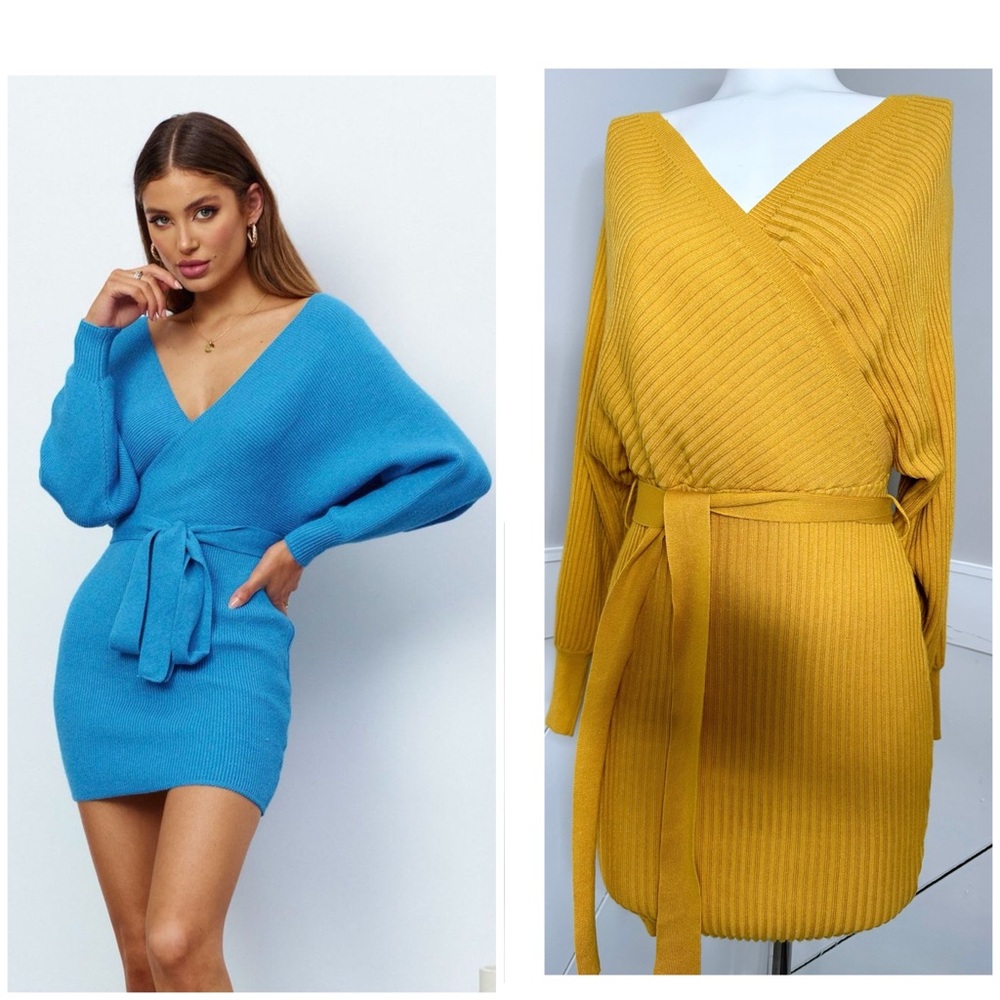 LOVE TREE YELLOW KNITTED V NECK DRESS SMALL